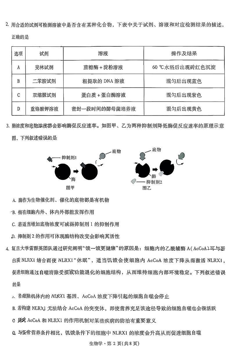 生物丨云南省昆明市第一中学2026届高三上学期第五次联考试卷及答案第2页