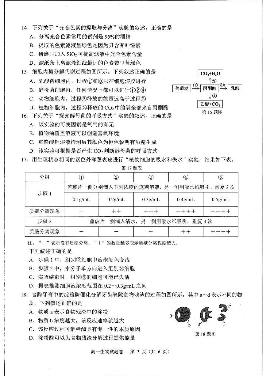 浙江省杭州市2024-2025学年高一上学期1月期末生物试题（无答案）第3页