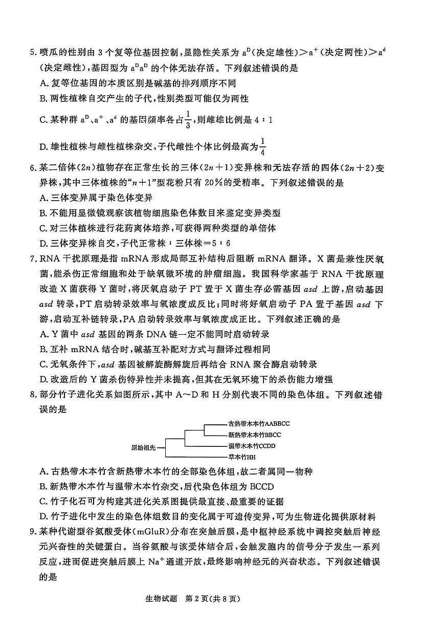 河南省青桐鸣大联考2025-2026学年高三上学期1月月考生物试卷+答案第2页
