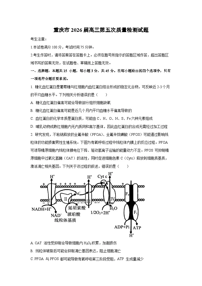 2026届重庆市高三上第五次质量检测生物试卷（学生版）第1页
