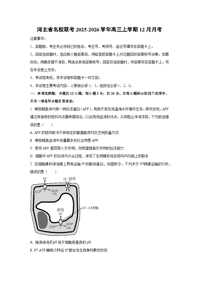 2025-2026学年河北省名校联考高三上学期12月月考生物试卷（学生版）第1页