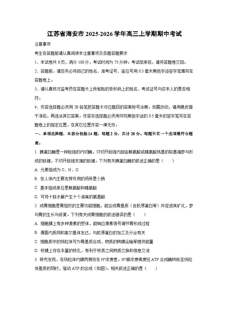 2025-2026学年江苏省海安市高三上学期期中考试生物试卷（学生版）第1页