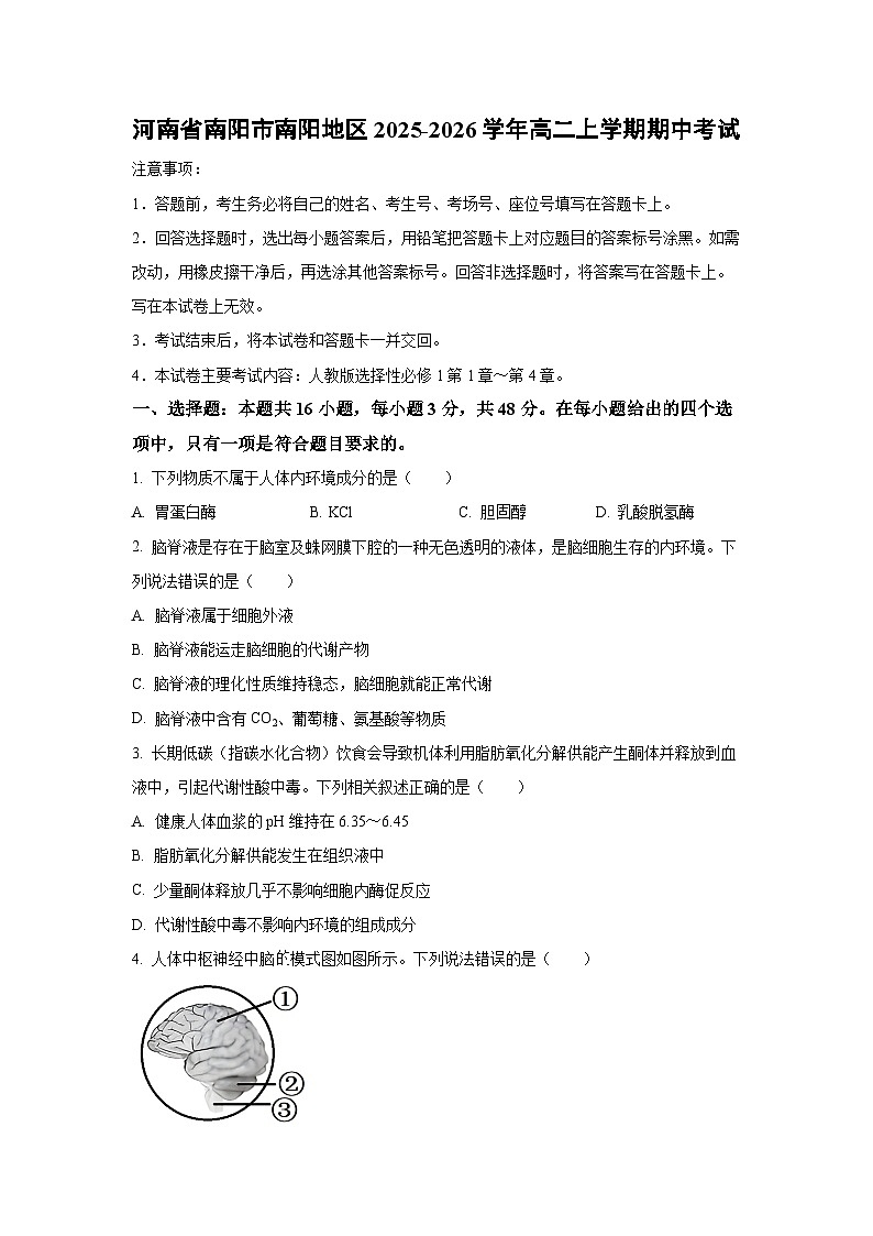 2025-2026学年河南省南阳市南阳地区高二上学期期中考试生物试卷（学生版）第1页