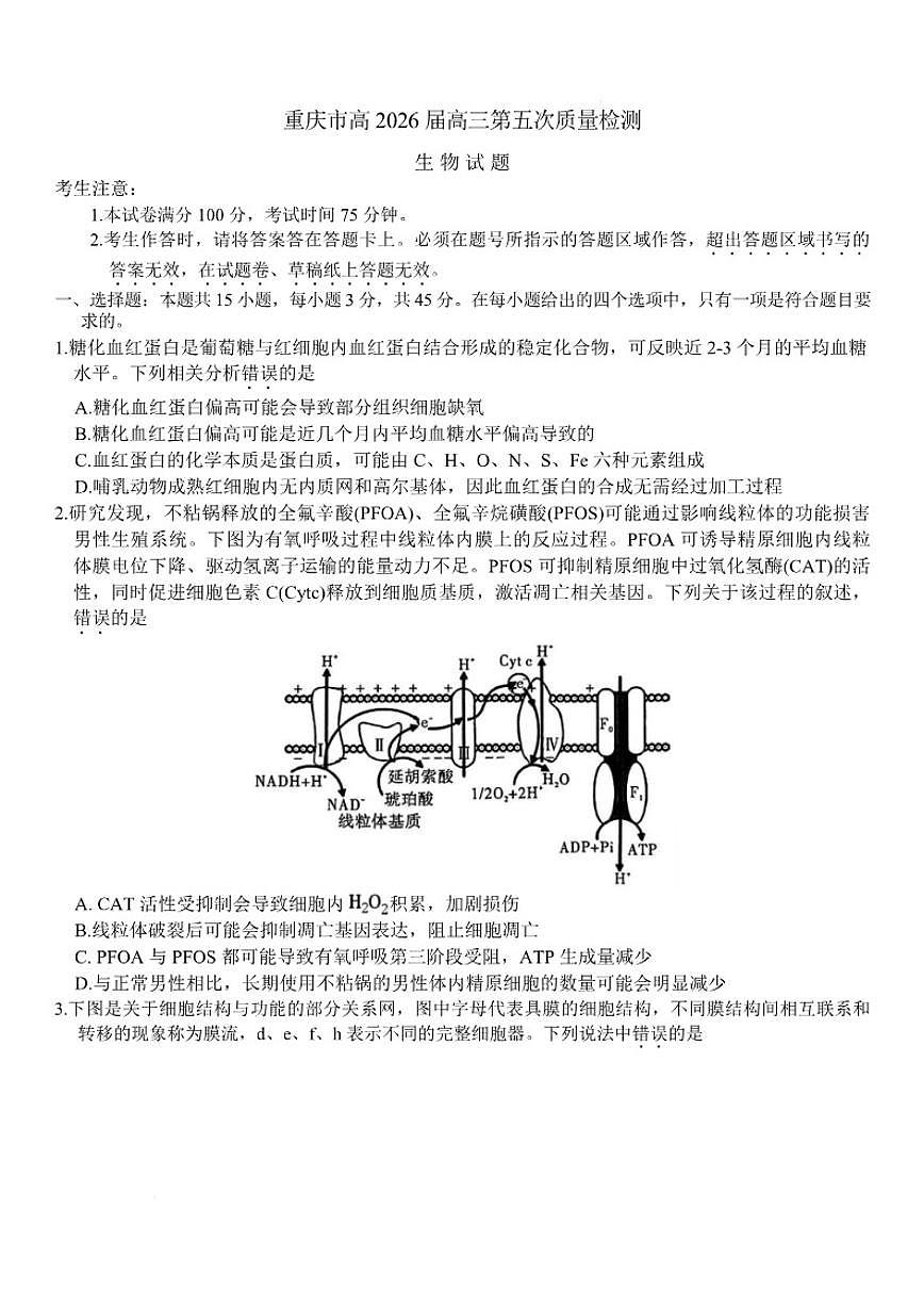 2026届重庆市南开中学高三上1月质量检测（五）生物试卷（有解析）第1页