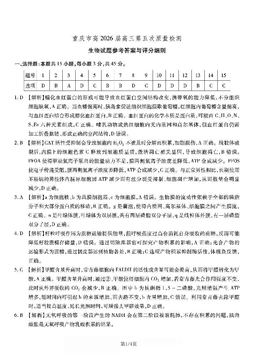 生物南开中学2026届高三第五次质量检测答案第1页