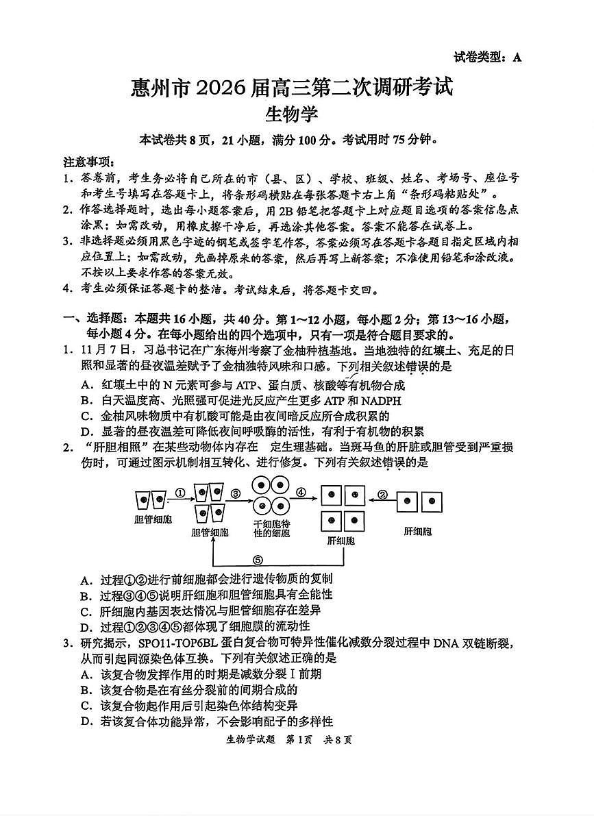 广东省惠州市2025-2026学年高三上学期第二次调研考试生物试卷（月考）第1页