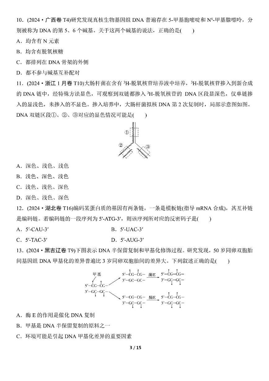 高考生物总复习练真题刷模拟5遗传的分子基础（有答案）第3页
