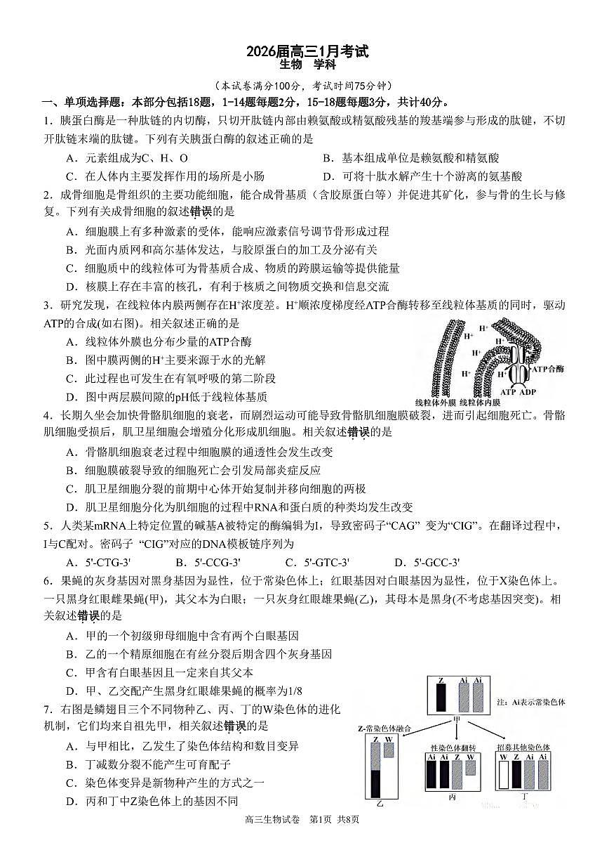 生物丨安徽省合肥一中2026届高三上学期1月考试试卷及答案第1页