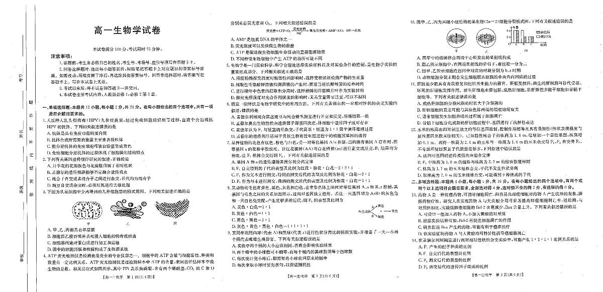 2025年3月江西省高一下学期金太阳第五次联考（25-365A）生物试卷（无答案）第1页