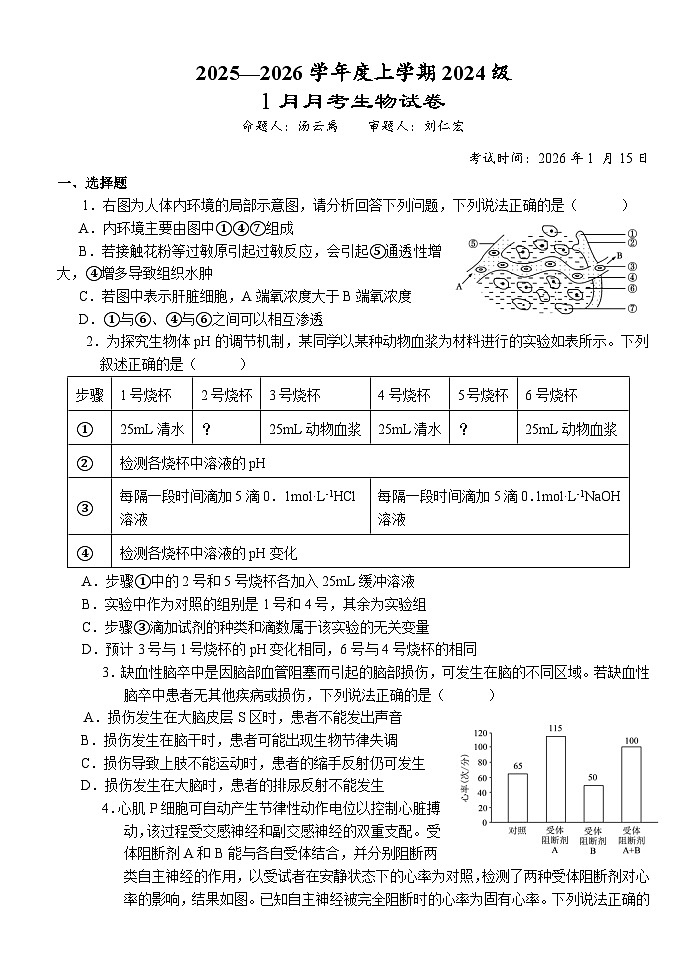 湖北省荆州市沙市中学2025-2026学年高二上学期1月月考生物试题（Word版附答案）第1页