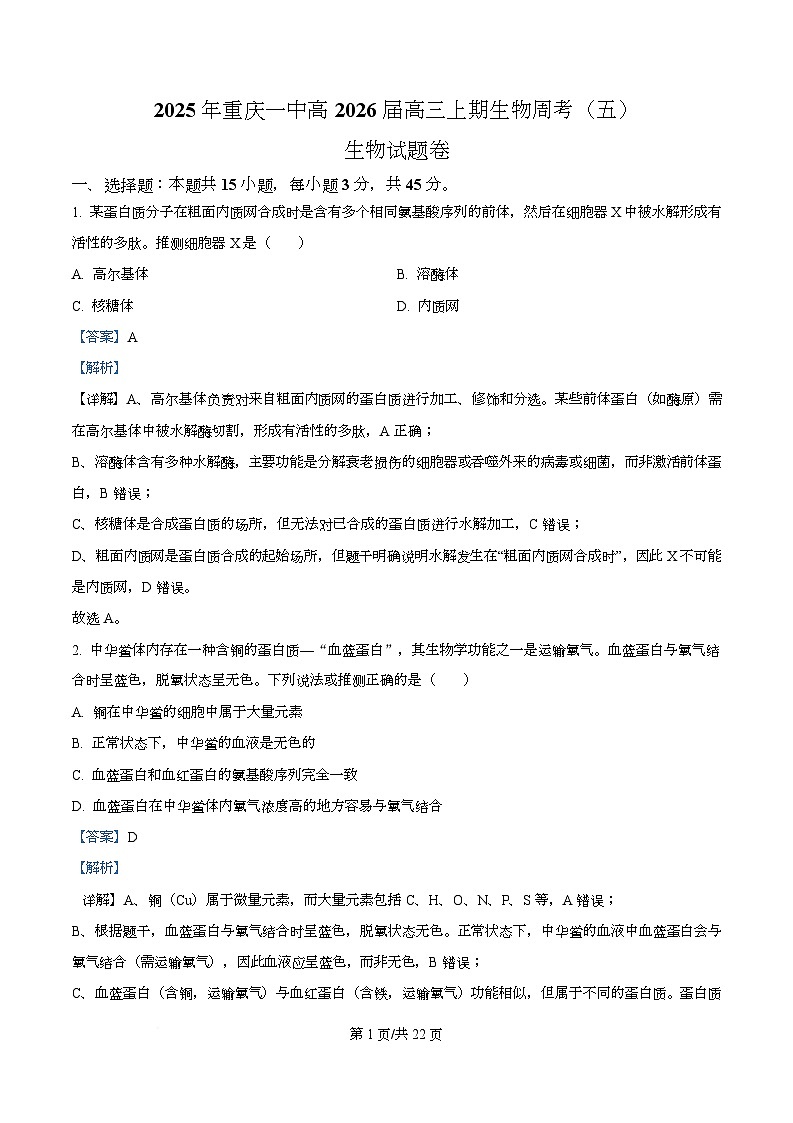 重庆市第一中学校2025-2026学年高三上学期周考5生物试题  Word版含解析第1页