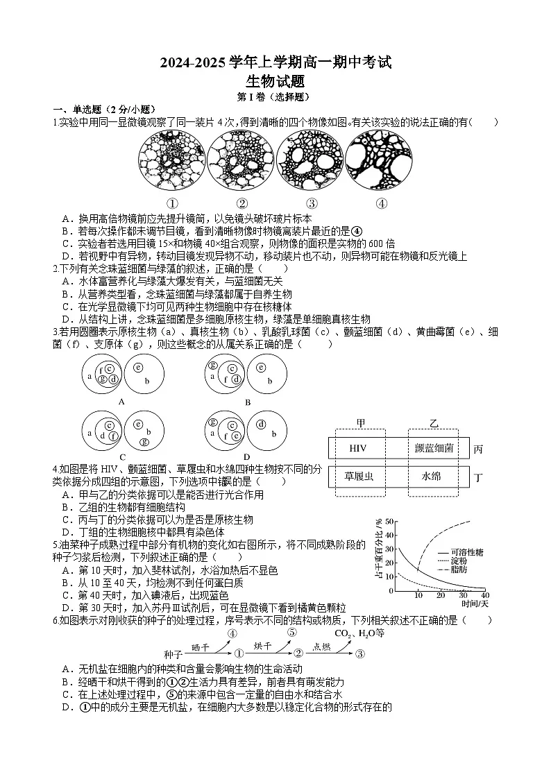 江西省赣州市赣州中学2024-2025学年高一上学期期中考试生物试题第1页