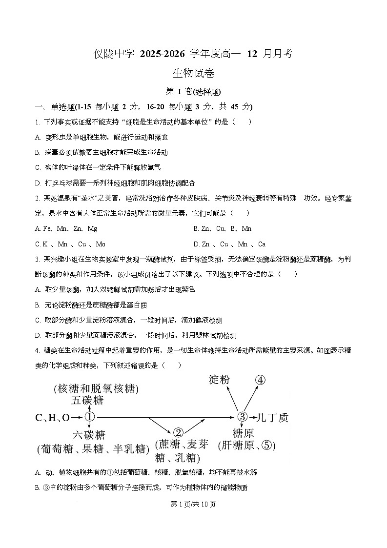 四川省南充市仪陇县四川省仪陇中学2025-2026学年高一上学期12月月考生物试题（原卷版）第1页