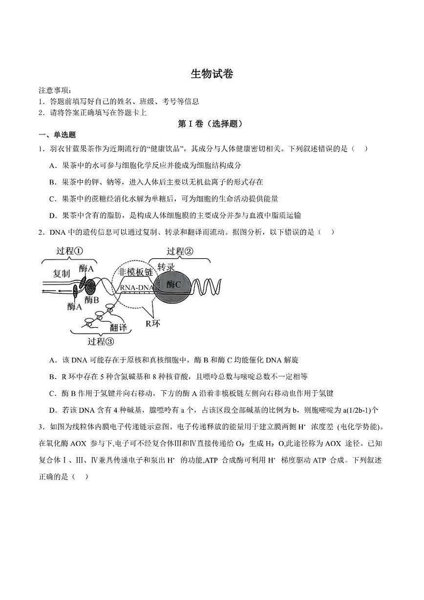 2026届重庆市第八中学高三上学期1月高考适应性月考卷五（一诊）生物试卷（含答案）第1页