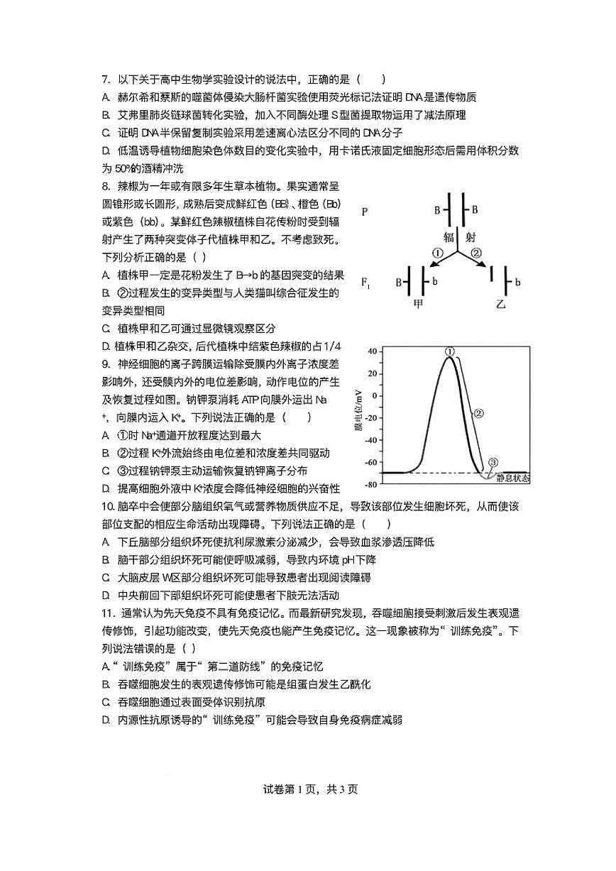 2025-2026学年四川省绵阳南山中学实验学校高三上学期1月月考生物_(含答案_)试题第3页