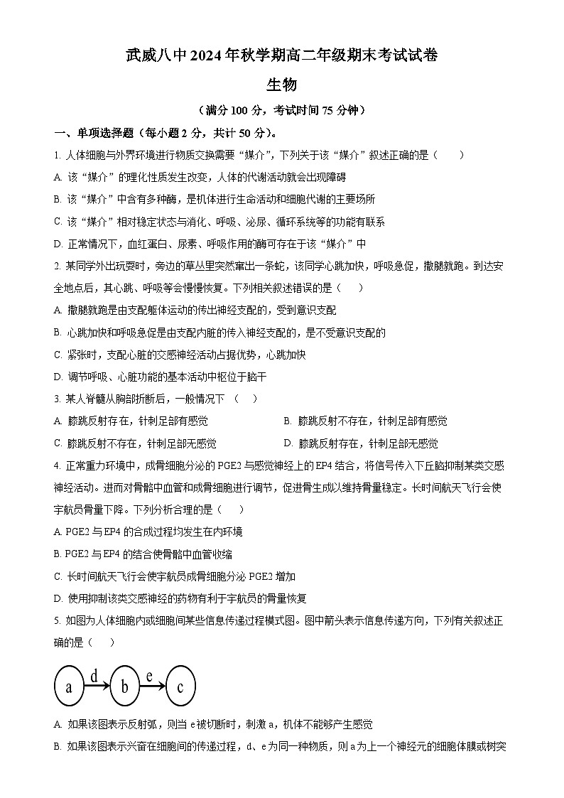甘肃省武威市凉州区武威第八中学2024-2025学年高二上学期1月期末生物试题（原卷版）-A4第1页