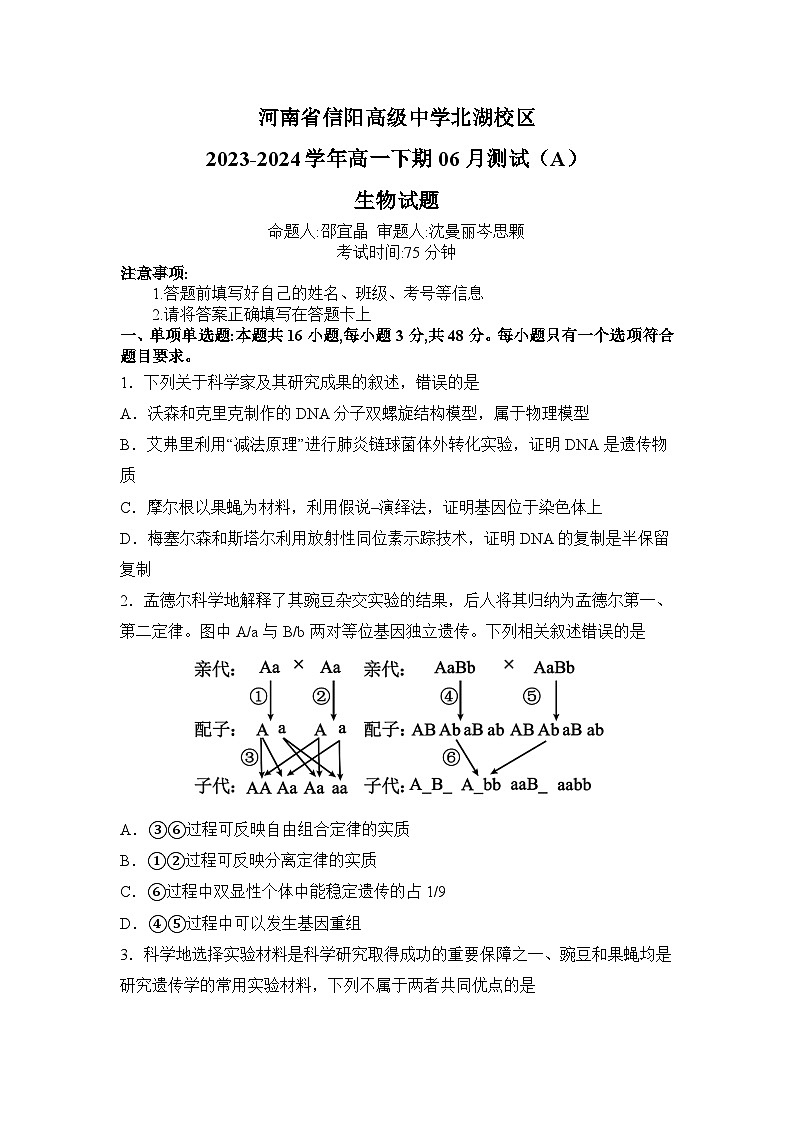 河南省信阳高级中学北湖校区2023-2024学年高一下期06月测试（A）生物试题（无答案）第1页