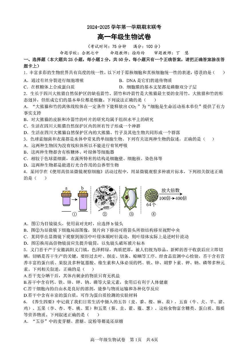 安徽省合肥市六校联盟2024-2025学年高一上学期1月期末考试生物试卷（无答案）第1页