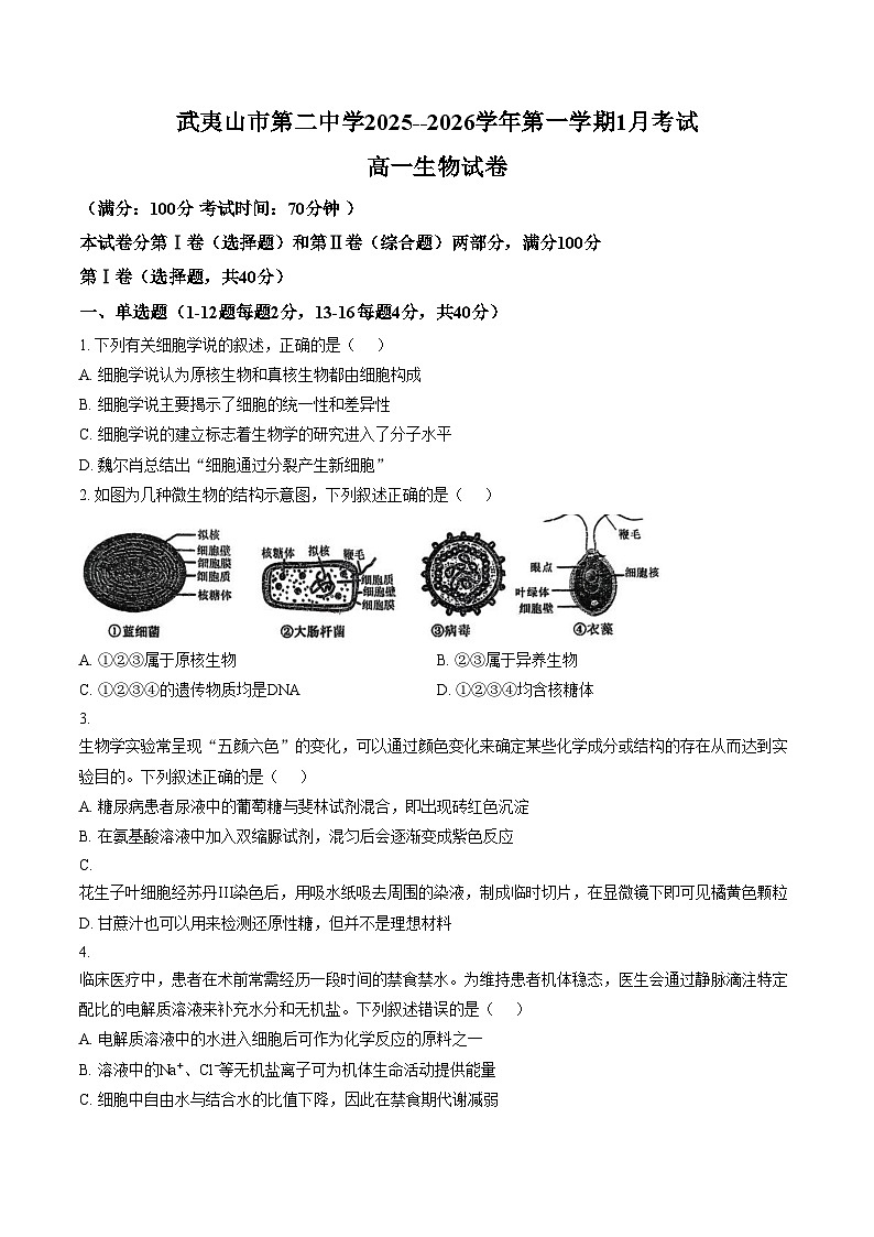 福建省南平市武夷山第二中学2025_2026学年高一上学期1月月考生物试题（文字版，含答案）第1页