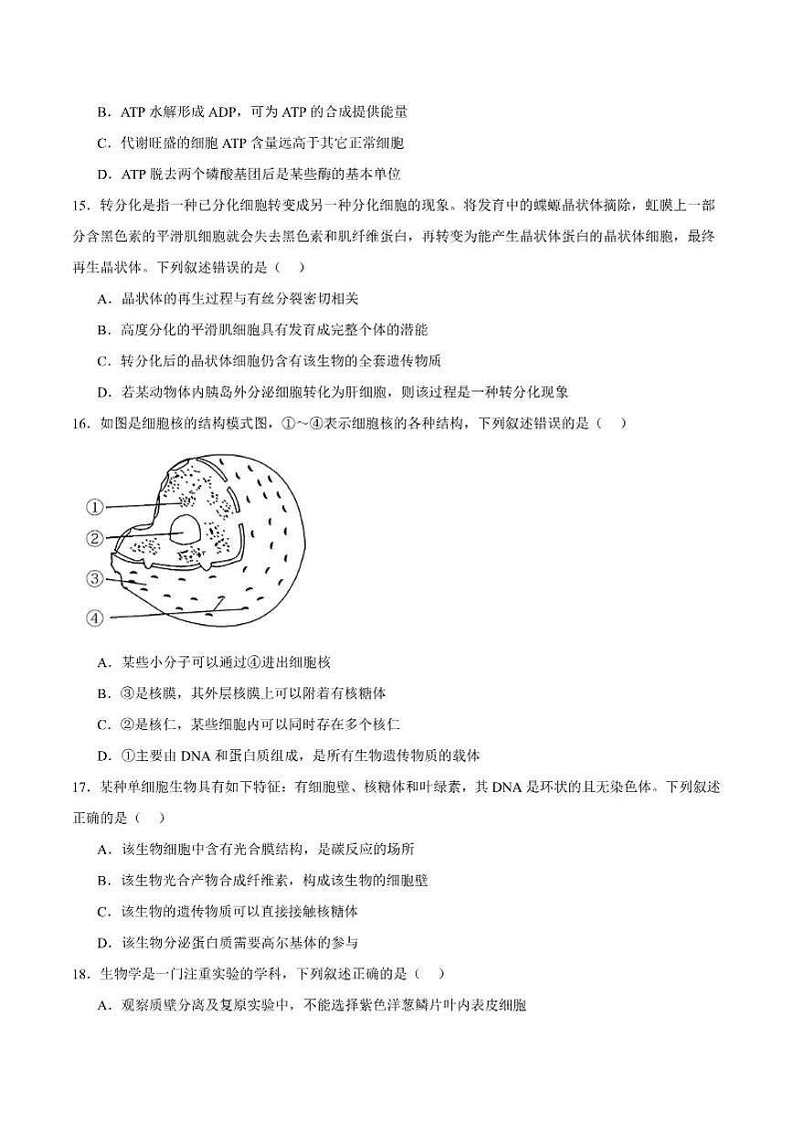 2025-2026学年浙江省强基联盟高一上学期12月月考生物试卷（有答案）第3页