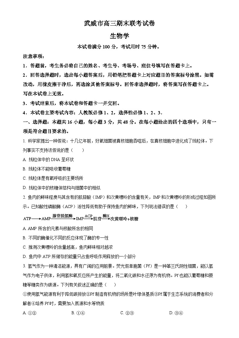 甘肃省武威市2024-2025学年高三上学期期末联考生物试卷（原卷版）-A4第1页