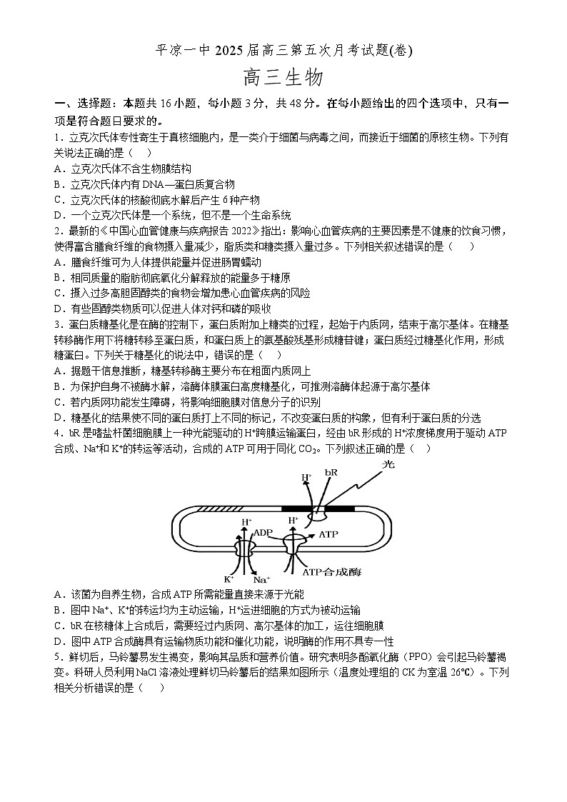 甘肃省平凉市第一中学2024-2025学年高三上学期第五次月考（期末）生物试卷-A4第1页