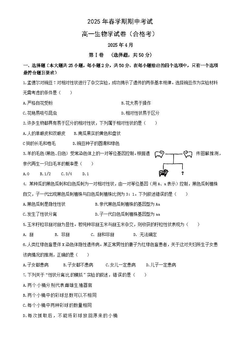 甘肃省张掖市某校2024-2025学年高一下学期期中考试生物试卷（合格）-A4第1页