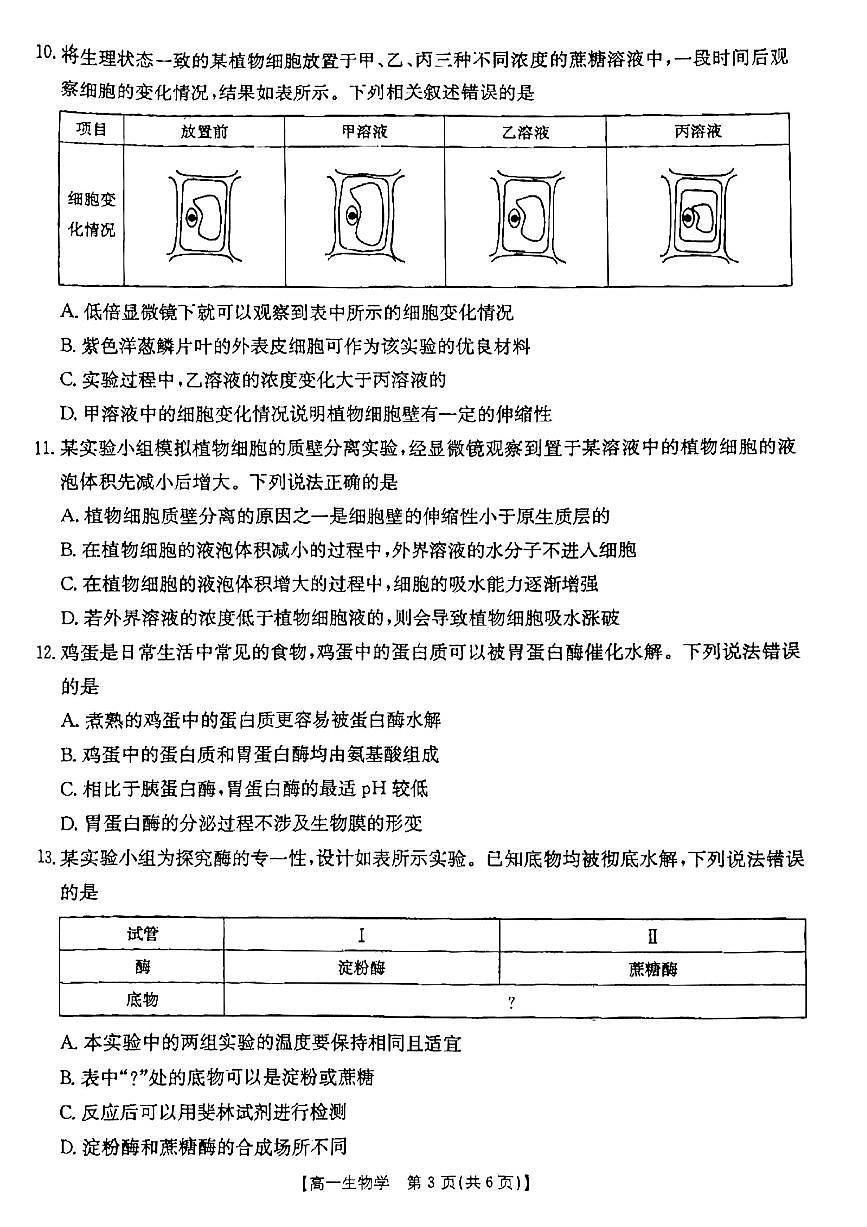 云南省昆明市五华区2024-2025学年高一上学期12月月考试题生物试卷（无答案）第3页
