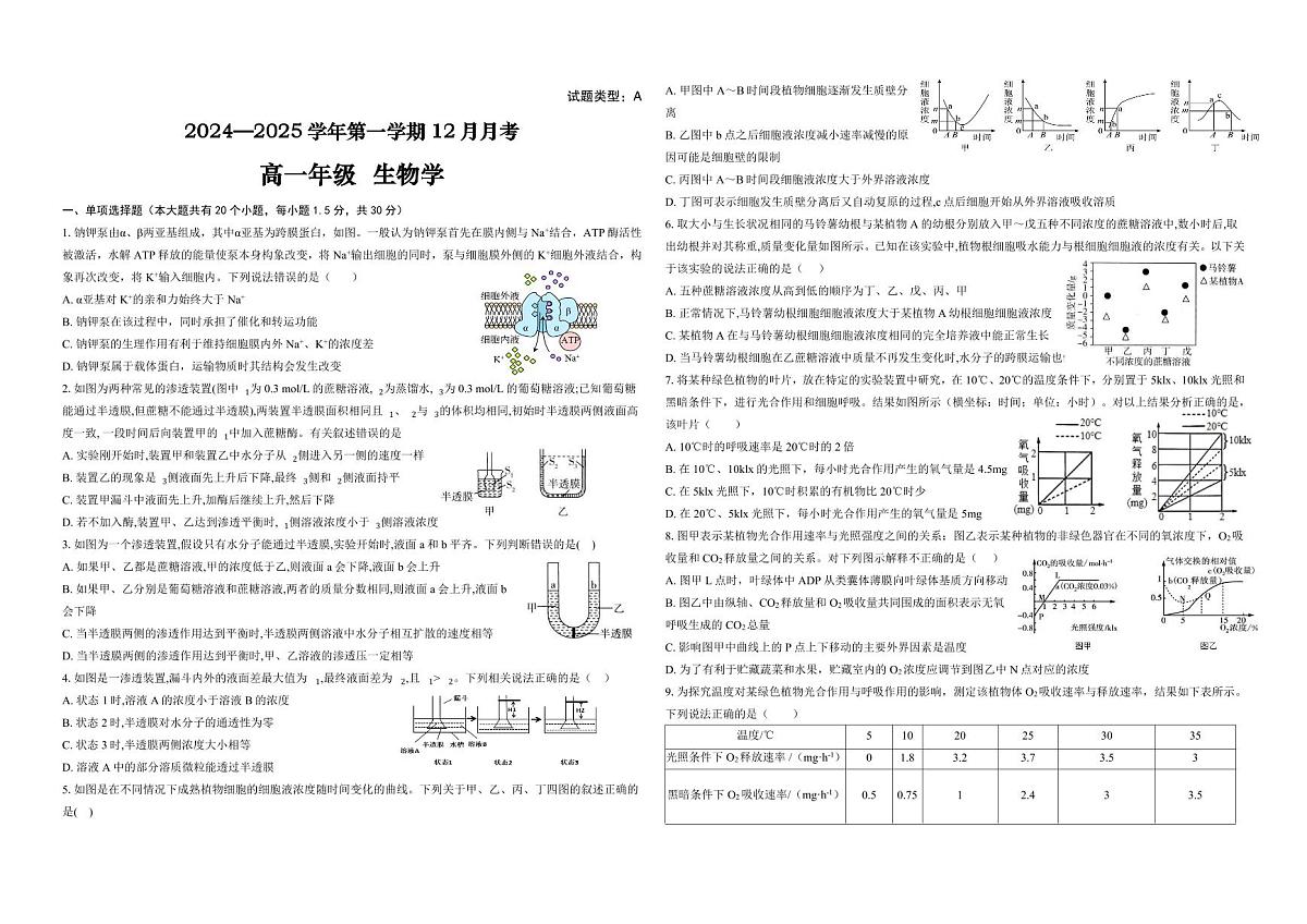 山西省太原市实验中学校2024-2025学年高一上学期12月月考生物试题（无答案）第1页