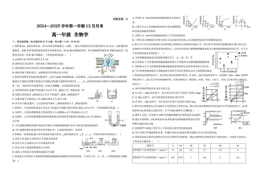 山西省太原市实验中学校2024-2025学年高一上学期12月月考生物试题（无答案）第1页