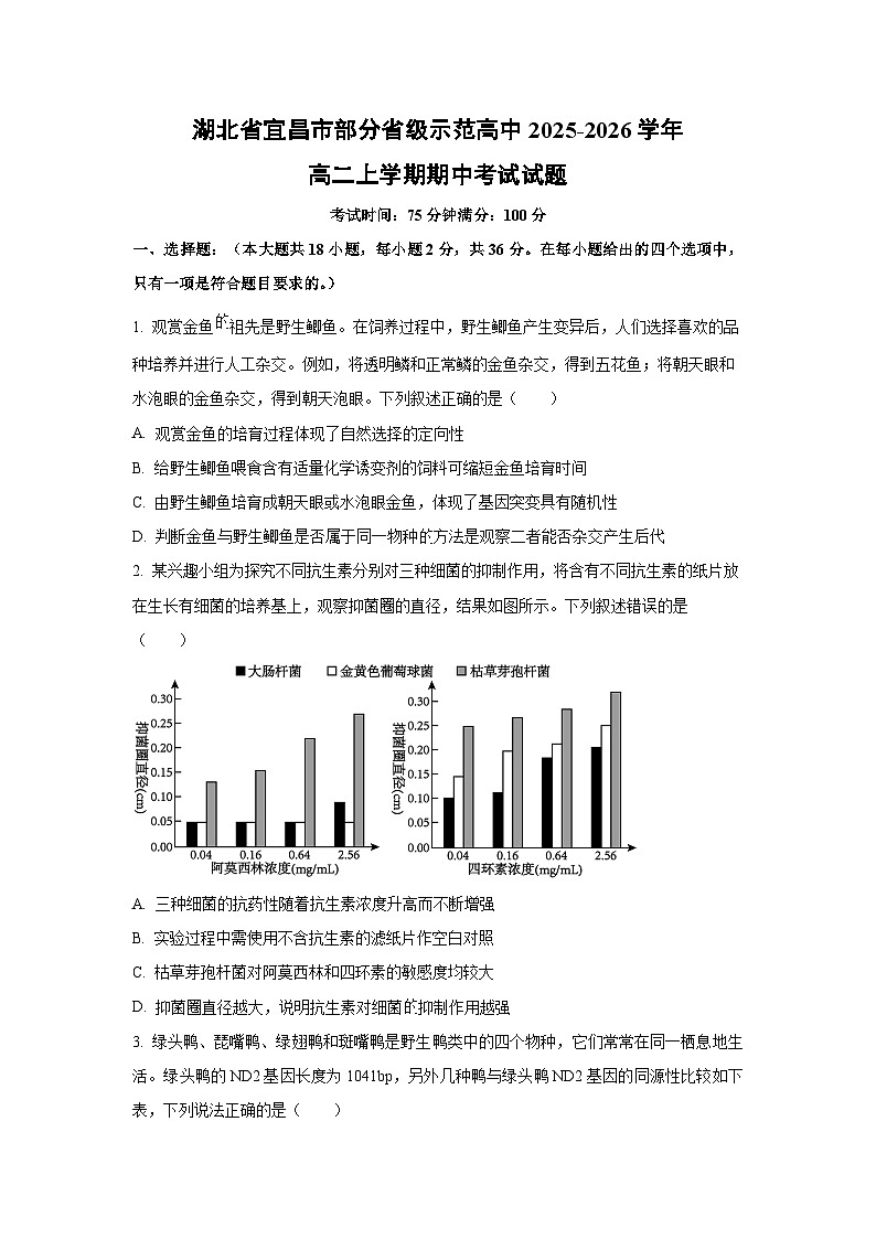 【生物】湖北省宜昌市部分省级示范高中2025-2026学年高二上学期期中考试试题（学生版）第1页