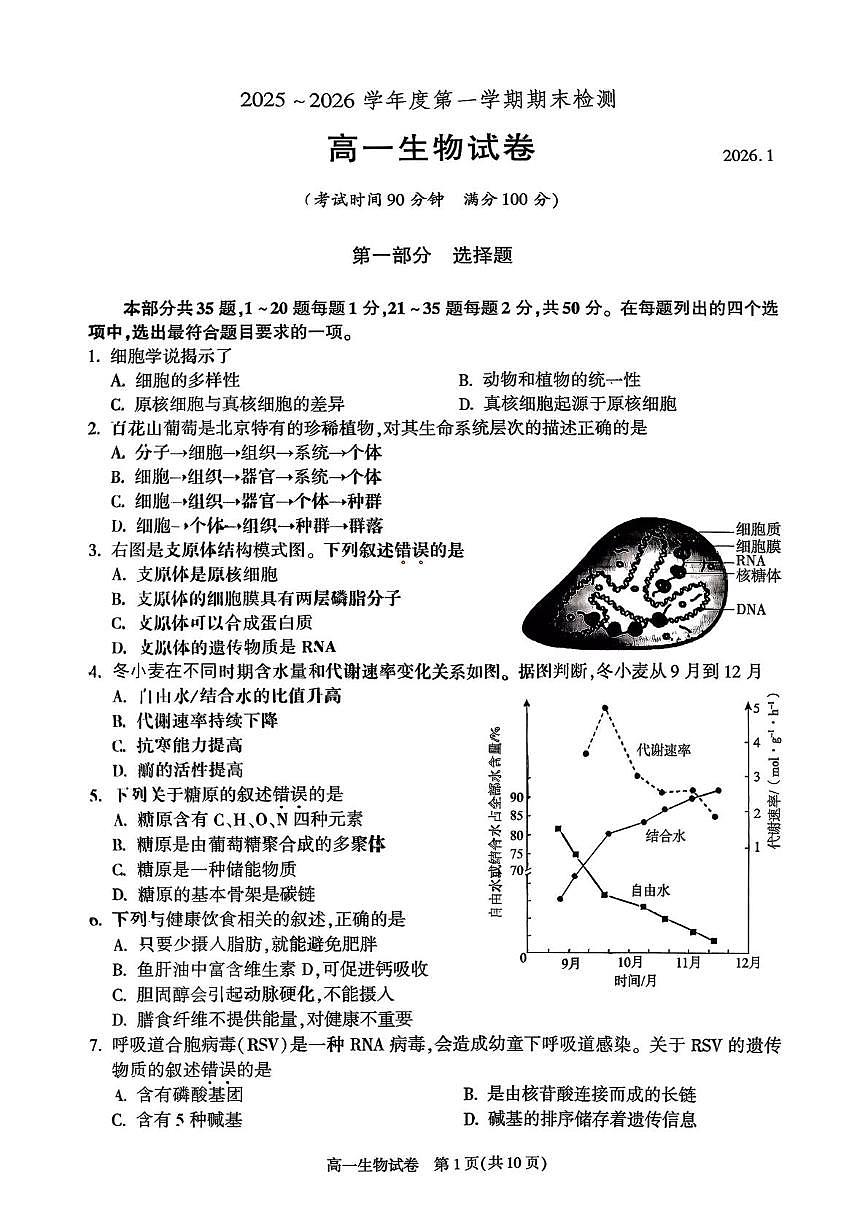 北京市朝阳区2025-2026学年高一上学期期末考试生物试题第1页