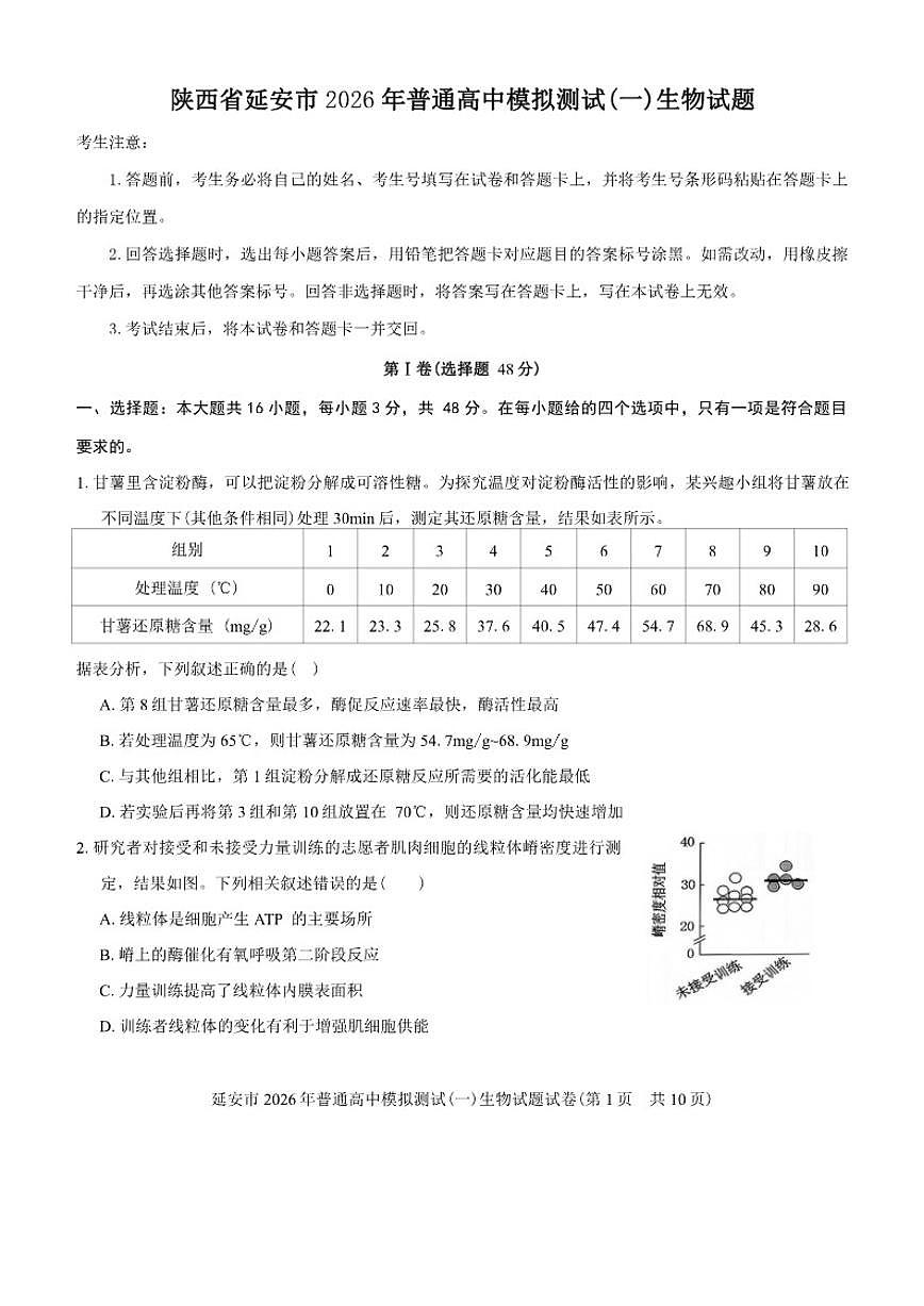 陕西省延安市2026年普通高中模拟测试(一)生物试题（含答案）第1页