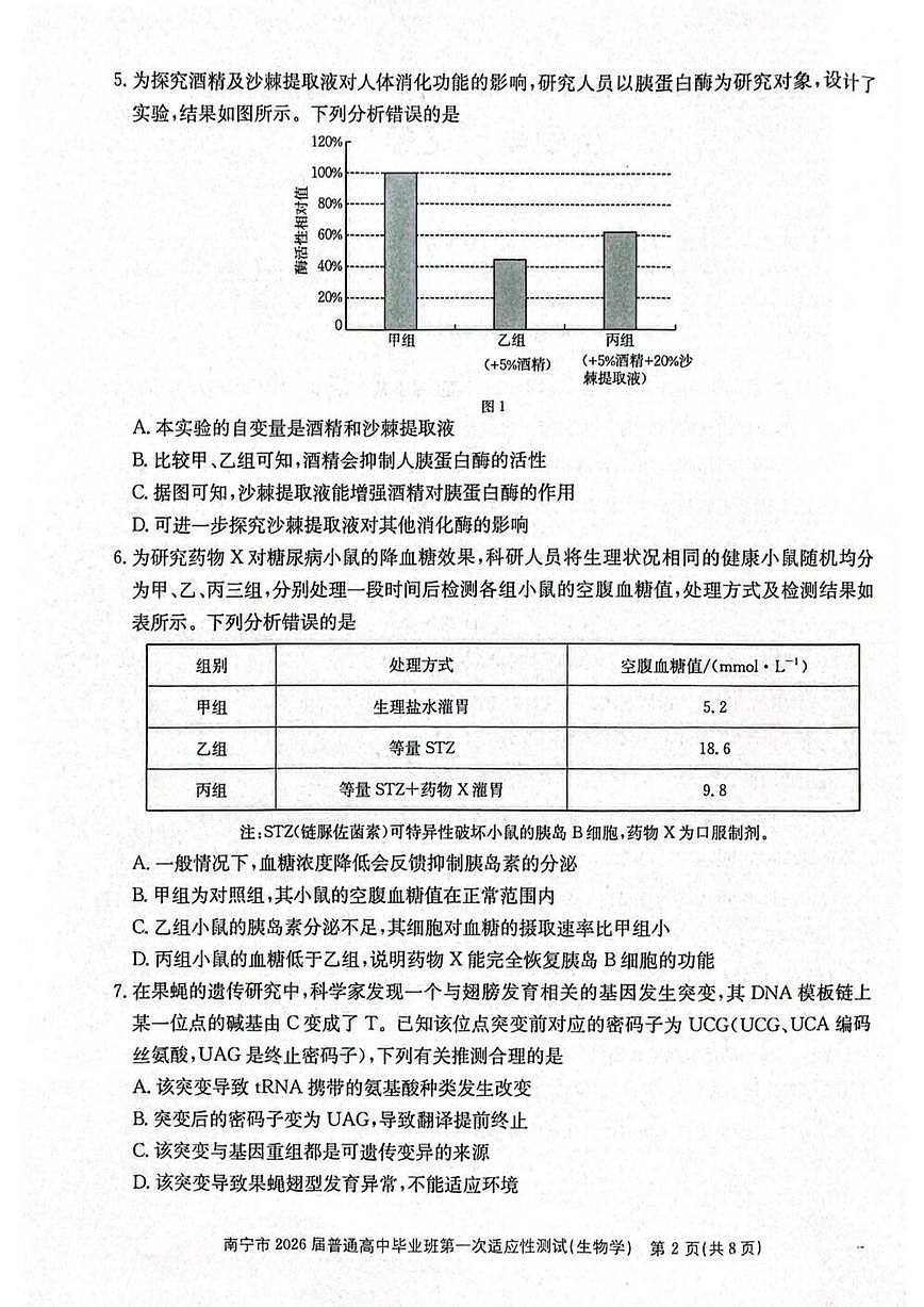 2025-2026学年广西南宁市普通高中毕业班高三上学期第一次适应性测试生物试题（含答案）第2页