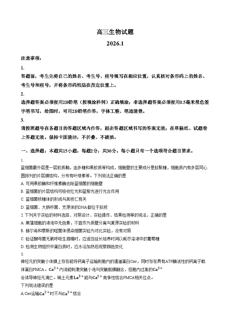 2026届山东省滨州市高三上学期期末考试生物试卷(文字版含答案)第1页