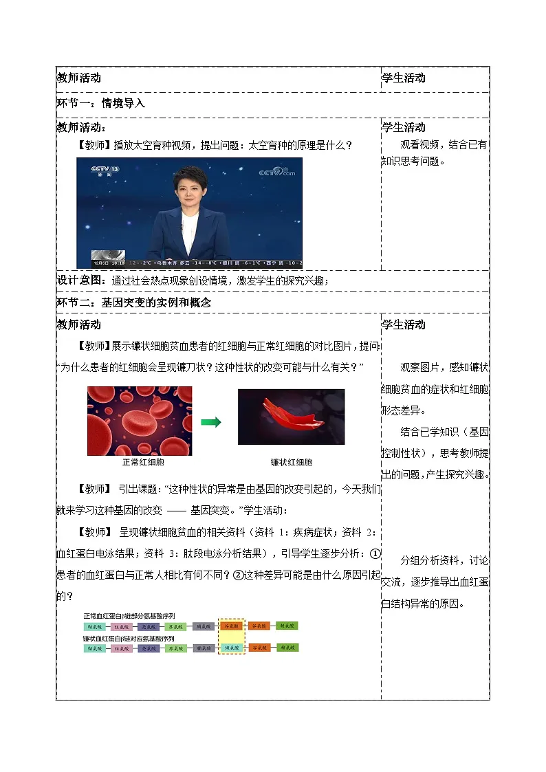【同步授课教案】人教版高中生物必修二 遗传与进化5.1.1 基因突变（表格版）第2页