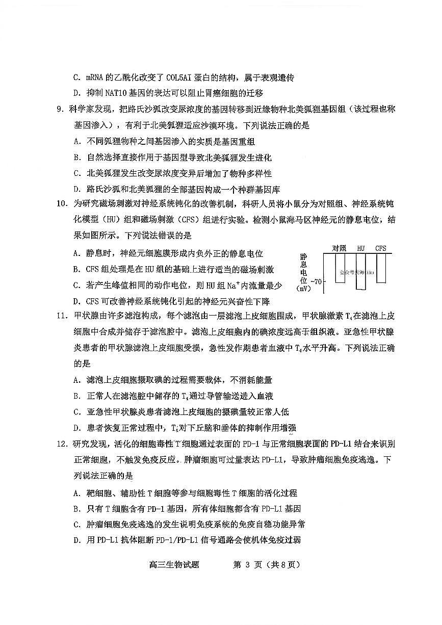 山东省烟台市2026届高三第一学期期末考试 生物试题+答案第3页
