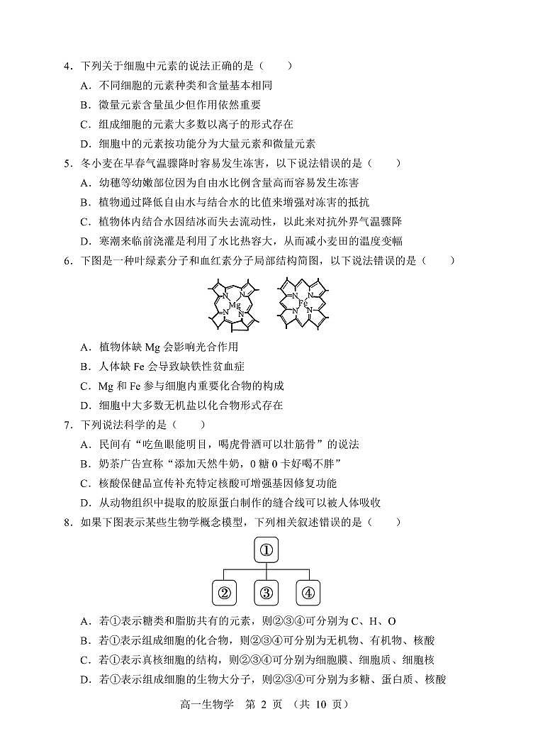 辽宁省沈阳市2024—2025学年高一上学期期末考试生物试题（无答案）第2页