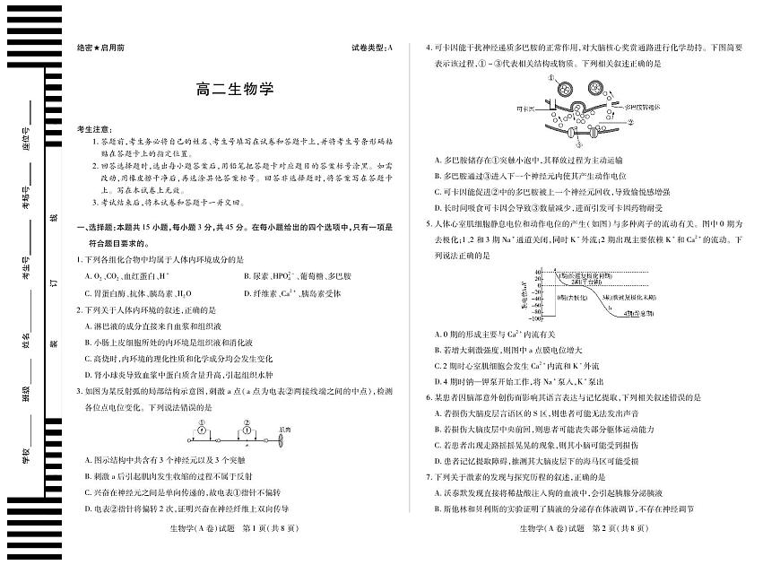 安徽省部分学校（合肥六中）2025-2026学年高二上学期12月联考生物试卷A（含答案）第1页