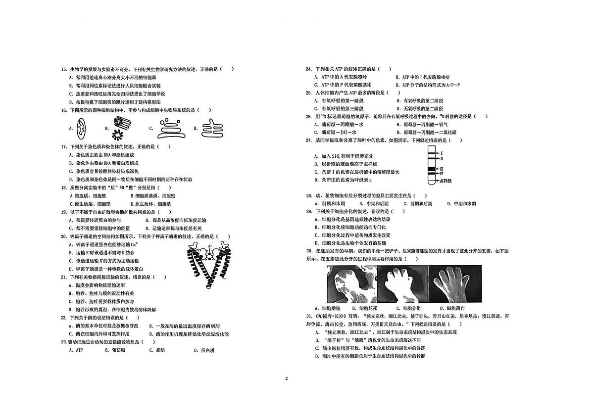 新疆维吾尔自治区克拉玛依市独山子区第二中学（高一学部）2025-2026学年高一上学期期末考试生物试卷第2页