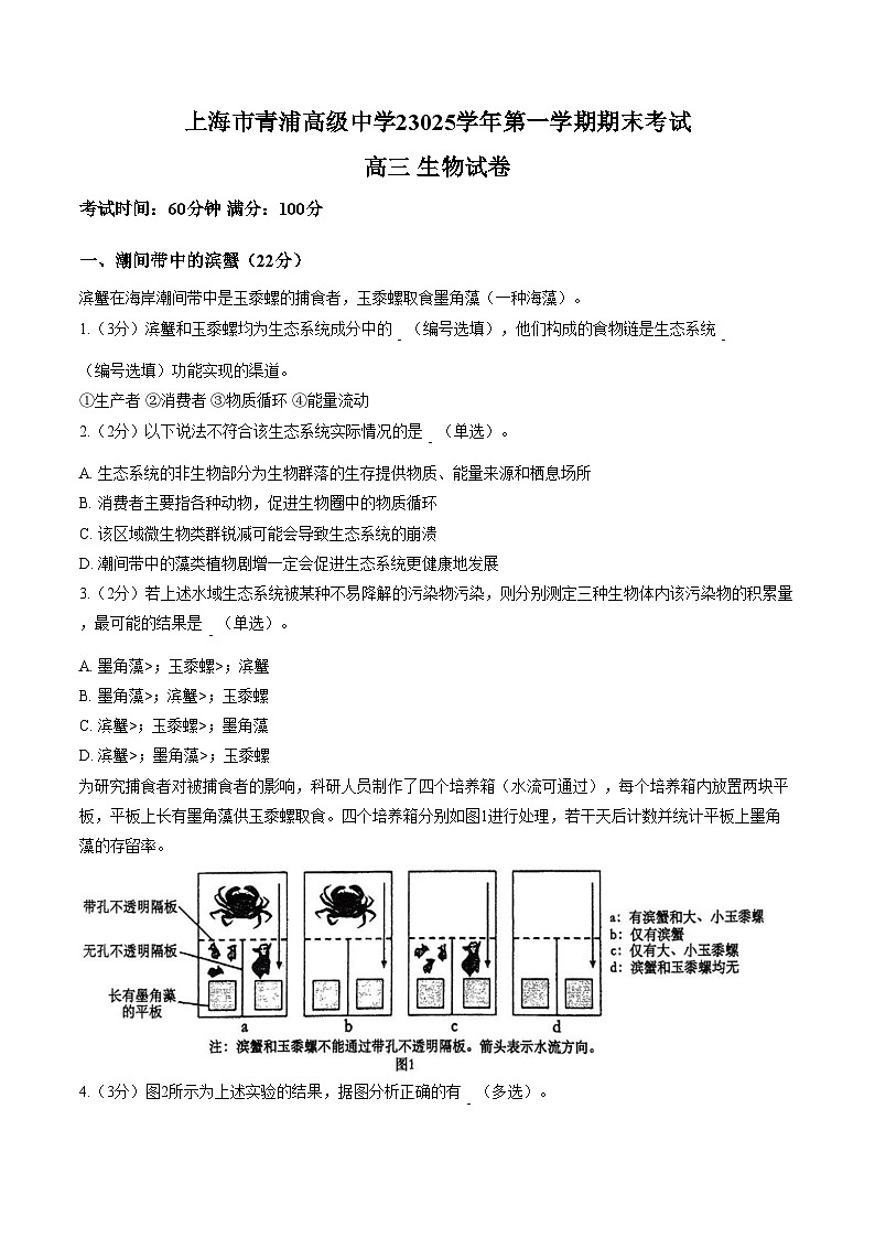 上海市青浦高级中学2025_2026学年高三上学期期末生物试题（文字版，含答案）第1页