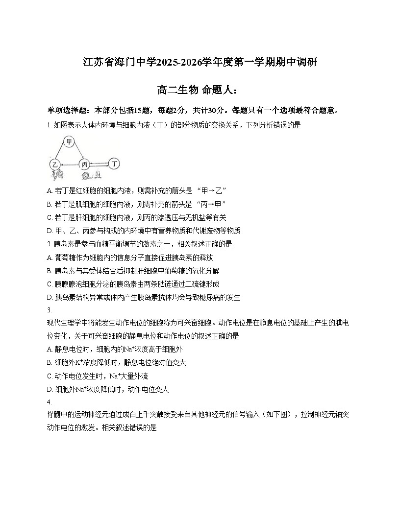 江苏省南通市海门中学2025_2026学年高二上学期期中考试生物试卷（文字版，含答案）第1页