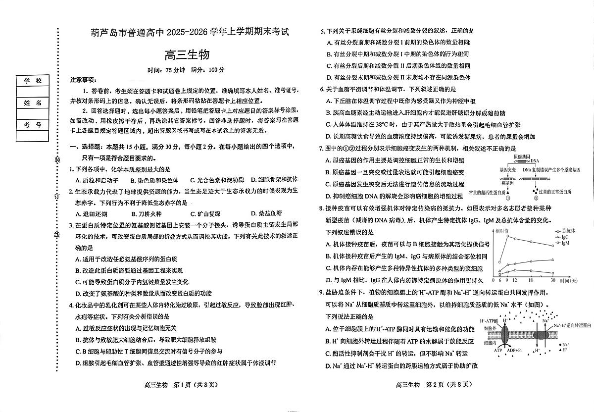 生物-辽宁省葫芦岛市普通高中2025-2026学年上学期高三年级1月期末试卷及答案第1页