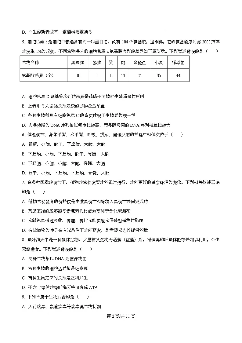 精品解析：2026届河北省沧州市十二校联考高三上学期一模生物试题（原卷版）第2页