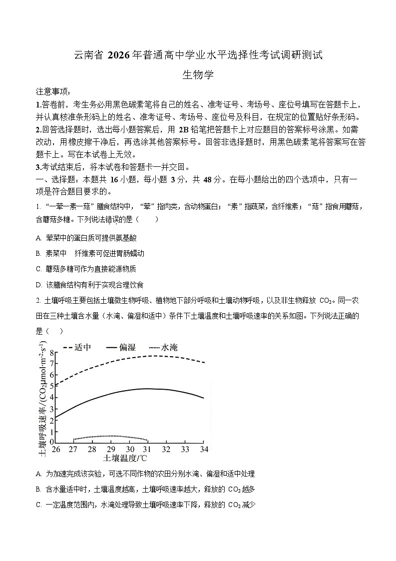 2026届云南省普通高中学业水平选择性考试调研测试生物试题第1页