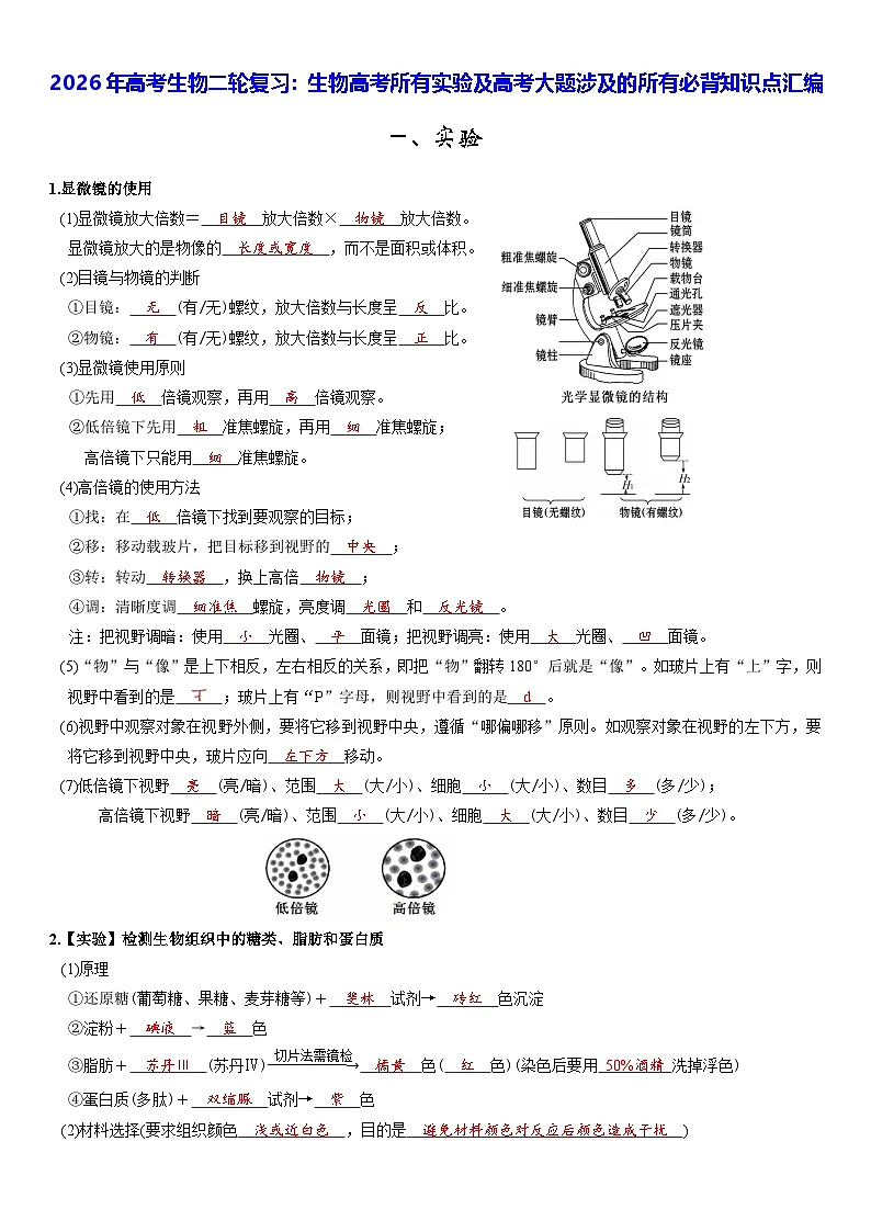 2026年高考生物二轮复习：生物高考所有实验及高考大题涉及的所有必背知识点汇编 讲义第1页