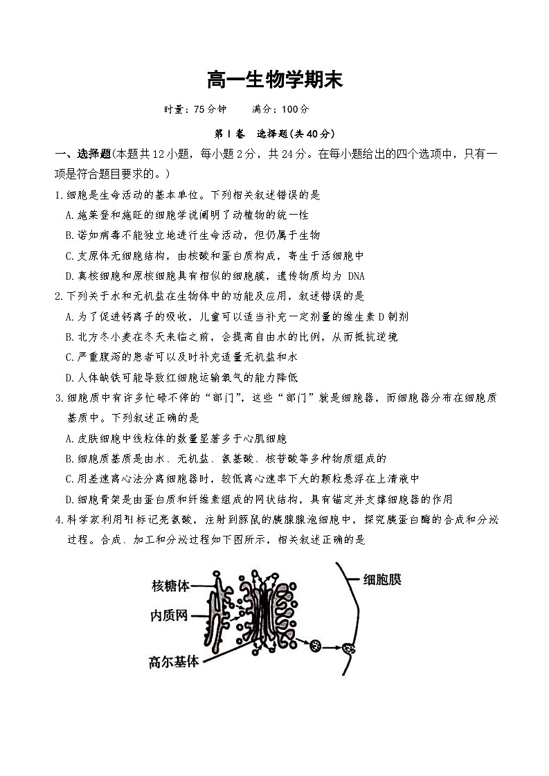 湖南省长沙市第一中学2025-2026学年高一上学期1月期末考试生物试题第1页