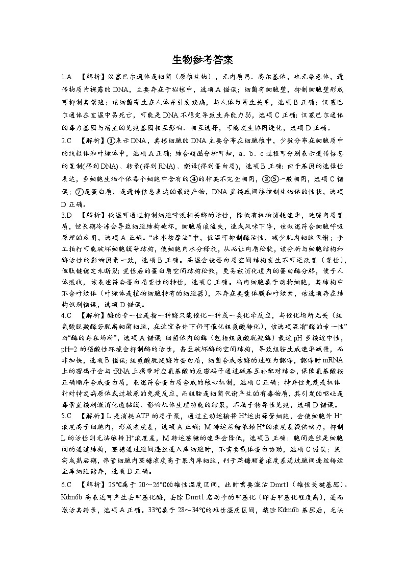 五市十校协作体2025-2026学年高三上学期1月期末阶段性作业生物答案第1页