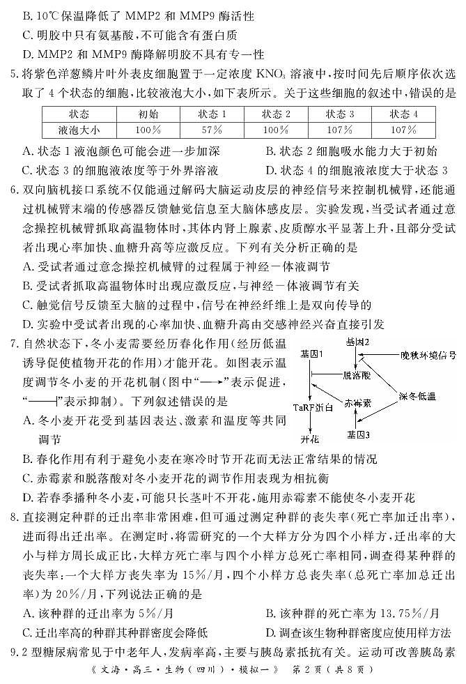 四川省黄冈八模2026届高三高考模拟测试卷（一）生物试卷+答案第2页