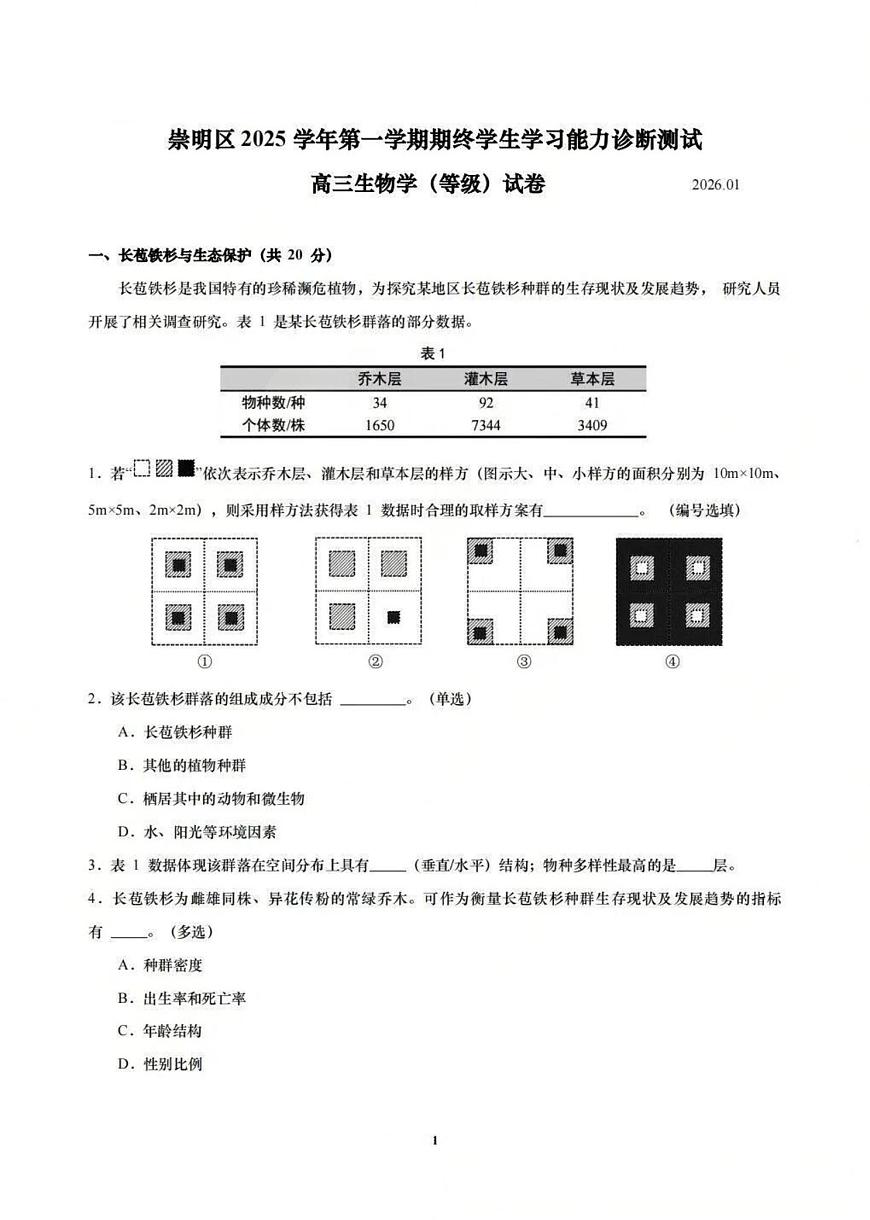 上海市崇明区2025-2026学年高三上学期一模考试生物试题（高考模拟）第1页